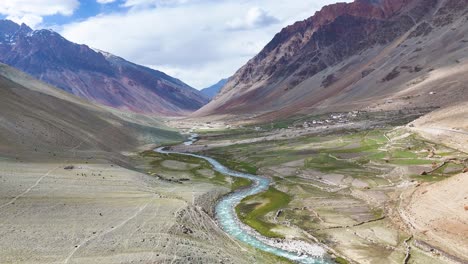 aerial drone shot highlighting the vibrant colors and textures of ladakh’s unique mountainous landscape.