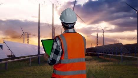 back view of asian male engineer with safety helmet working on a green screen tablet and looking around while standing with solar panel and wind turbines