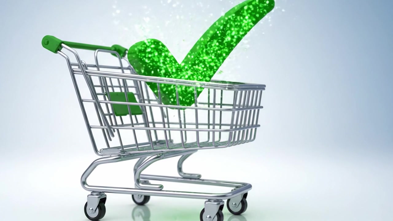 La trasformazione di un carrello della spesa: da vuoto a pieno di successo, con un segno di spunta verde che indica acquisto completato e soddisfazione.