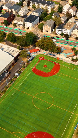 view of green football pitch in the city neighborhood. sunny panorama of cambridge, massachusetts, usa from top perspective.. vertical video