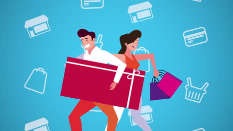 una pareja feliz haciendo compras y llevando un gran regalo.