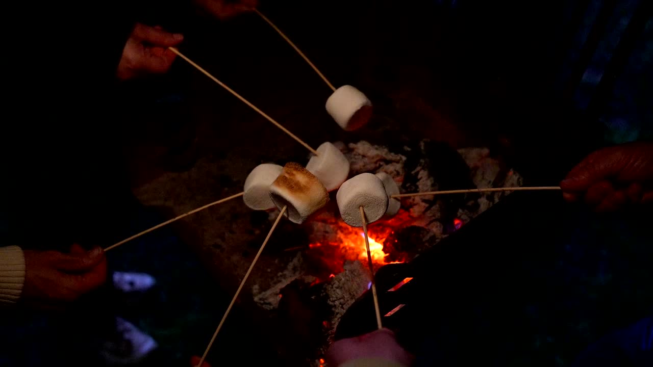Mãos Assando Marshmallows Sobre uma Fogueira Quente à Noite