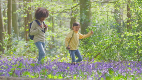 Dos-Niños-Paseando-A-Un-Perro-Mascota-A-Través-De-Bosques-De-Campanillas-En-Primavera-Tomando-Un-Descanso-Sentados-En-El-Tronco