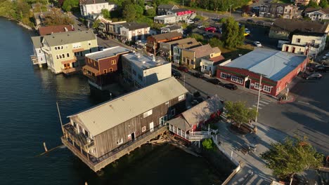 aerial shot meandering through coupeville's main street shops