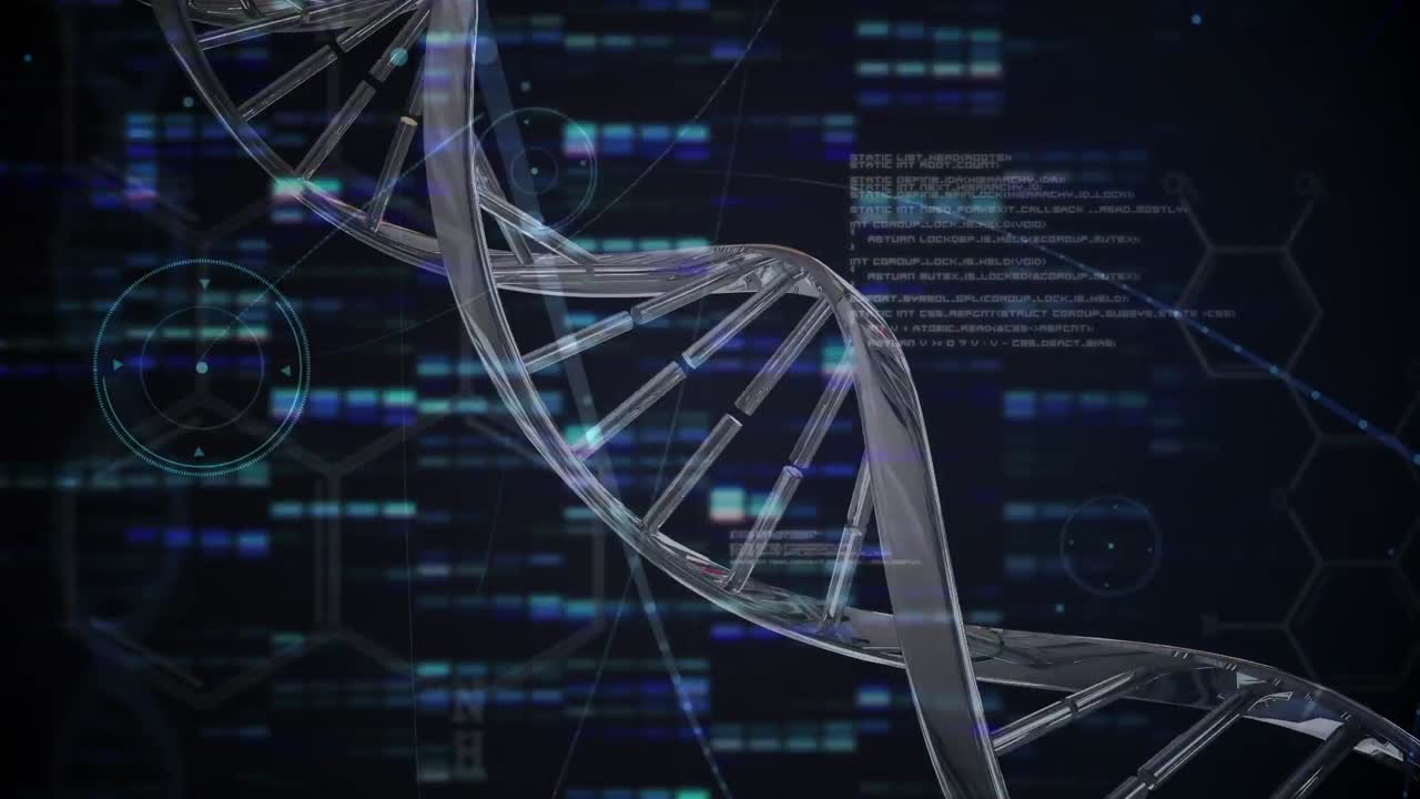 Animation of dna strand spinning over scientific data processing on blue background