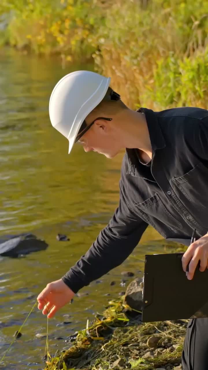 Professional ecologist doing fieldwork, taking a water sample for analysis, vertical