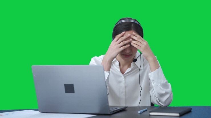 Stressed tensed Indian call center girl talking to the customer Green screen
