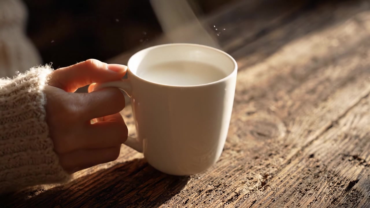 Una tazza calda di latte su una superficie di legno rustico: Catturando il comfort e la pace di un'atmosfera accogliente nella luce del mattino