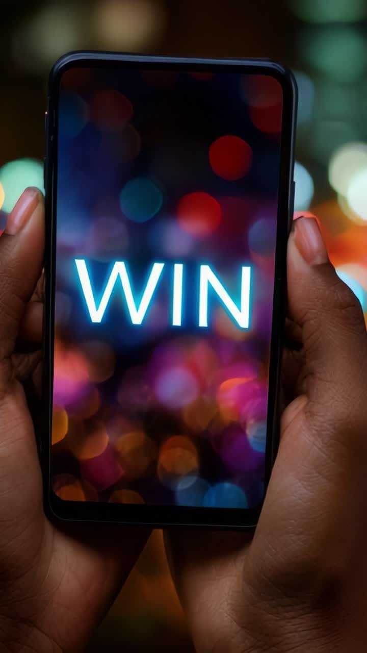 A Close-Up of Hands Holding a Phone Displaying the Word 'WIN' Against a Colorful Background of Blurred Lights, Signifying Success and Celebration