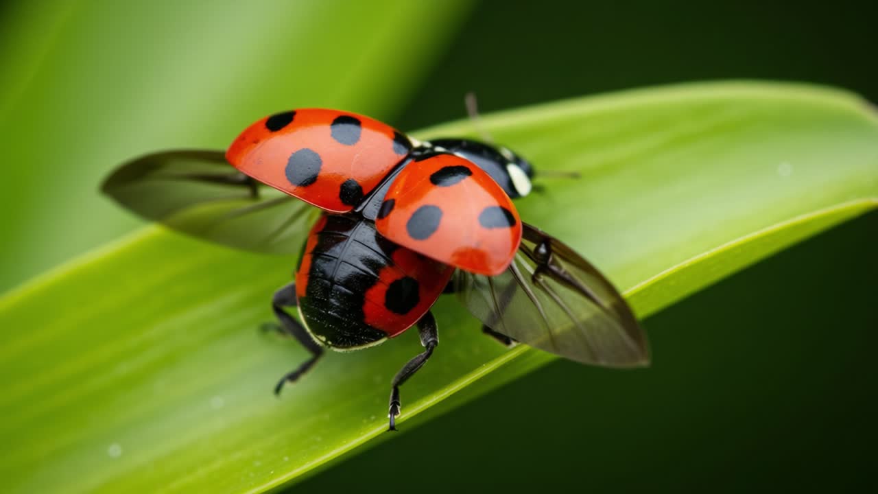 A vibrant ladybug takes flight from a green leaf, showcasing its striking red and black coloration while hovering gracefully in a lush natural setting