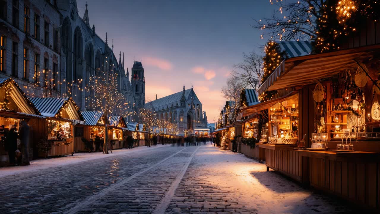 Enchanting Winter Market Scene Awash in Twinkling Lights and Holiday Cheer, Capturing the Essence of a Festive Evening with Charming Stalls and a Picturesque Backdrop
