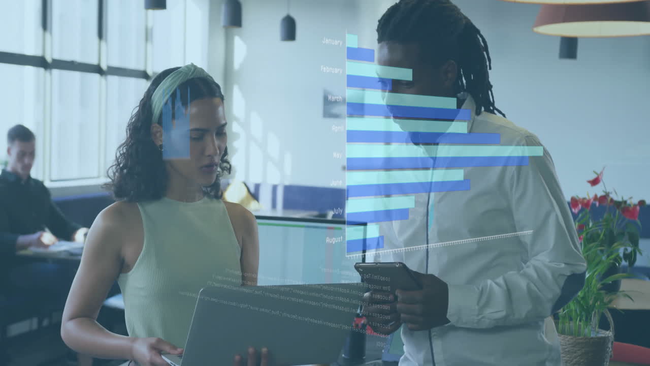 Female and male professionals reviewing business data on tablet in modern office with data overlay