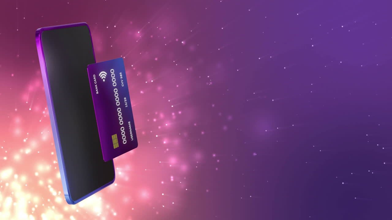 Animation of smartphone and credit card with data over purple background