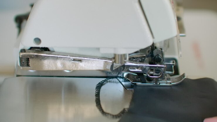 Close-up the overstitching machine passes the edges of the black fabric in slow motion. Serger process in the sewing workshop