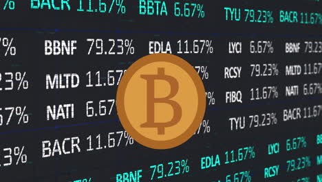 animación de bitcoin sobre formas y mercado de valores en fondo negro