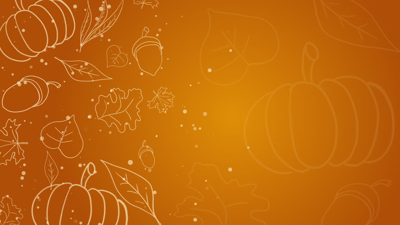 Outlines of objects on an autumn theme are drawn. Festive animation on an orange background. Copy space. Looped motion graphic.