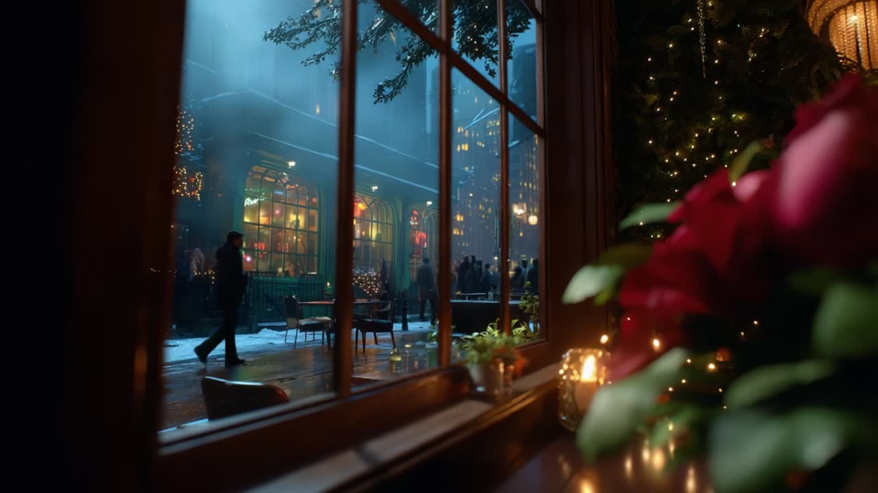 A Cozy Winter Evening Encounter: Capturing the Essence of Holiday Cheer Through a Frosted Window, Where Warm Lights and Friends Gather Amidst a Winter's Night with Twinkling Decorations and Festive Ambiance