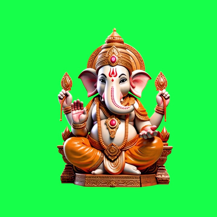 Statua di Lord Ganesha seduto su un trono su sfondo verde
