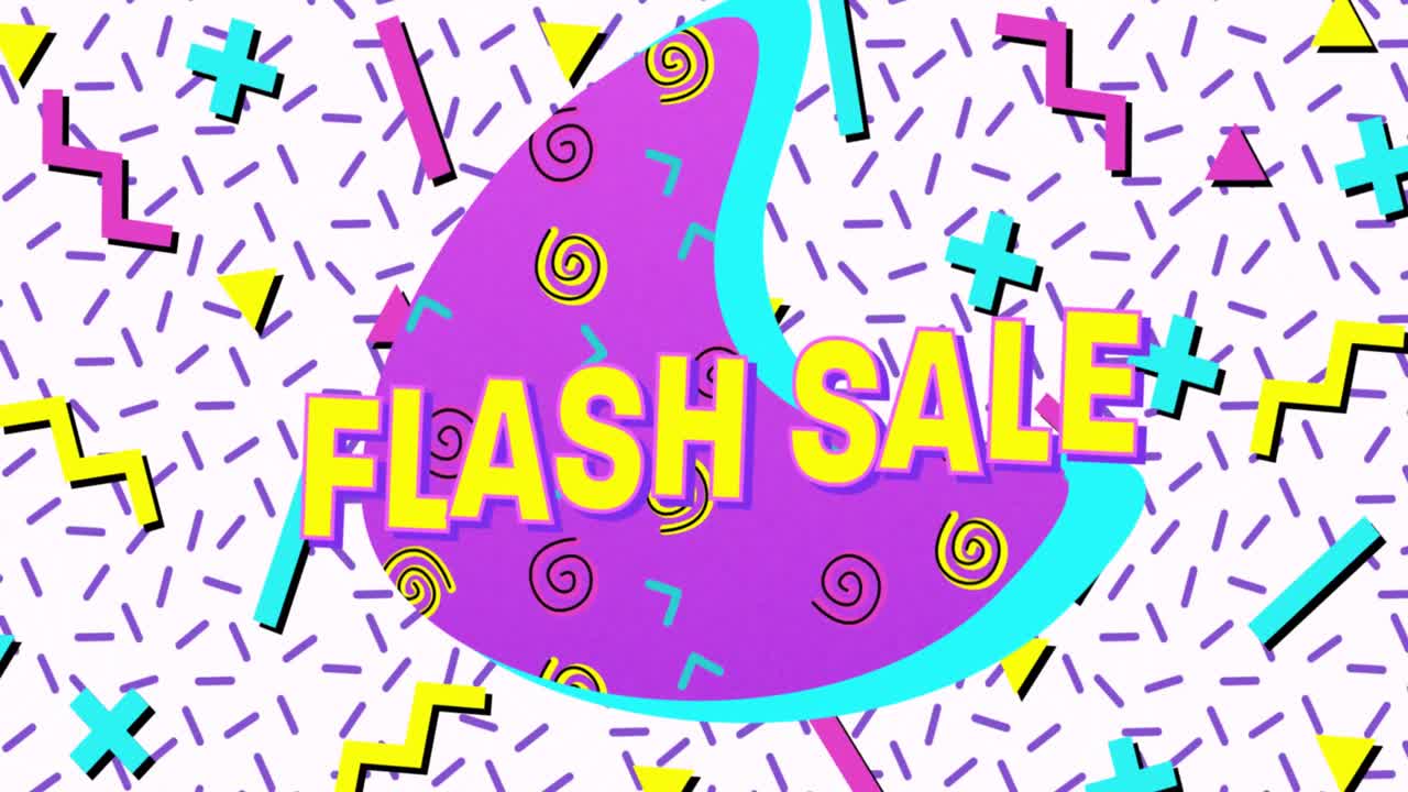 ⁇ 색 배경 에 추상적 인 다채로운 모양 을 배경 으로 보라색 배너 에 있는 플래시 판매 텍스트