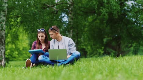 Young-Man-And-Woman-Working-Together-On-A-Laptop-And-A-Tablet-Sitting-On-The-Grass-In-The-Park-Hd-Vi