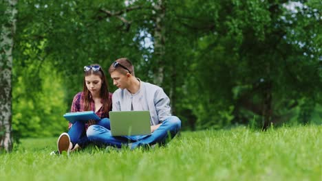 Joven-Hombre-Y-Mujer-Trabajando-Juntos-En-Una-Computadora-Portátil-Y-Una-Tableta-Sentado-En-El-Césped-En-El-Parque-Hd-Vi