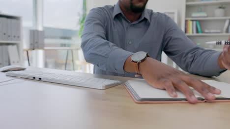 hands, black man and writing in notebook