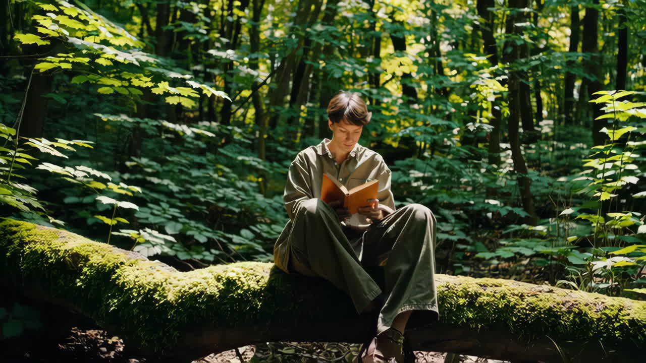 A young person reading a book in a lush green forest
