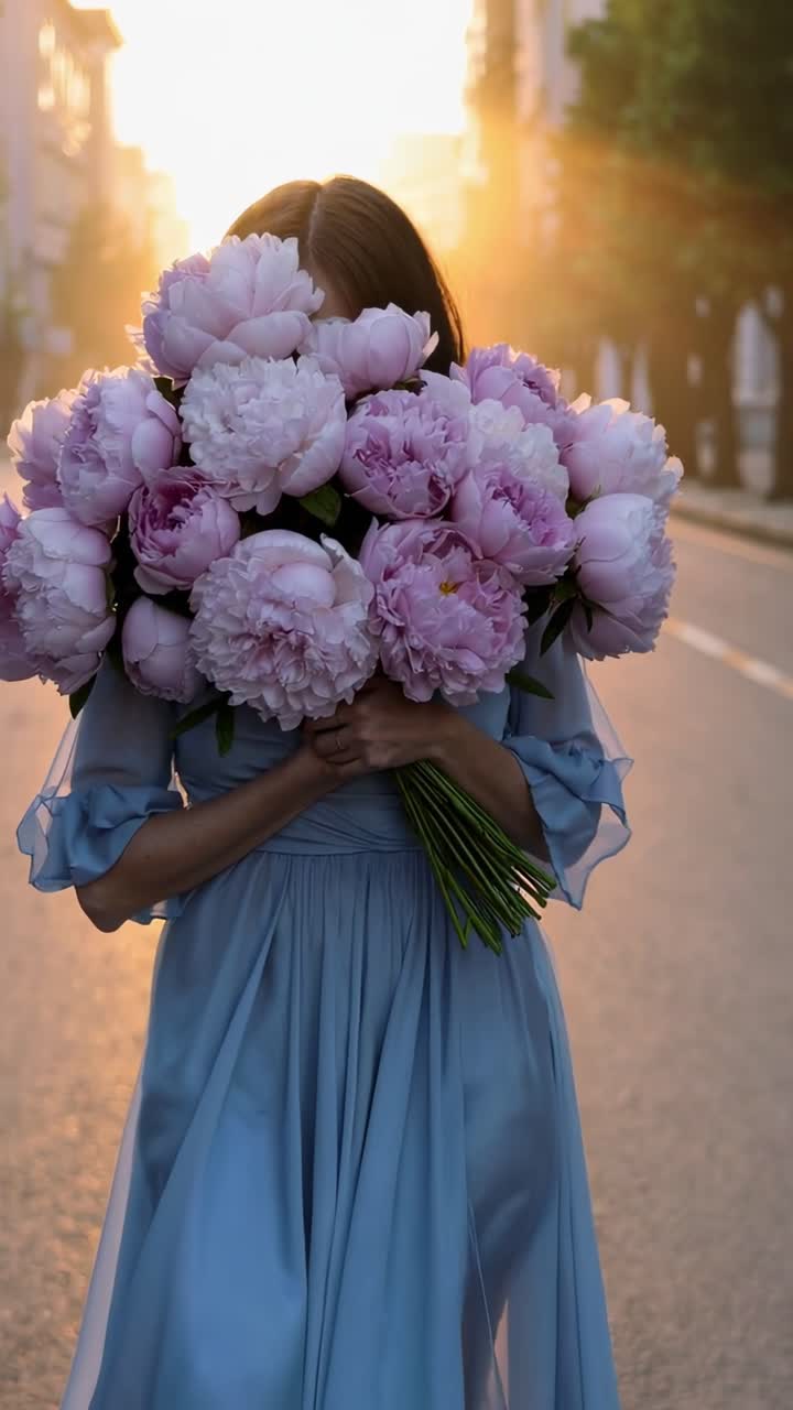 Woman in a flowing blue dress holding a large bouquet of pink peonies ...