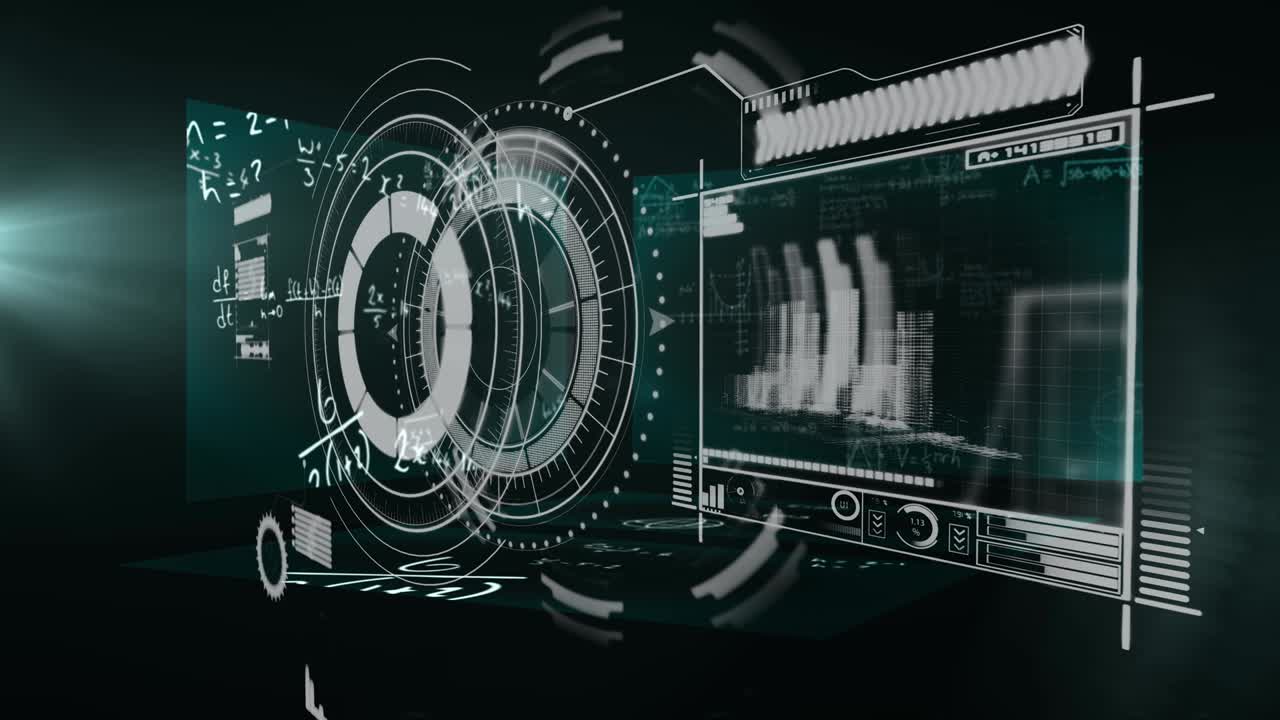 둥근 스캐너와 디지털 인터페이스와 수학 방정식이 있는 화면에 대한 데이터 처리