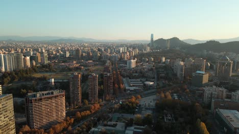 Modern-Buildings-At-Nueva-Las-Condes-Near-Araucano-Park,-Santiago,-Chile---Aerial-Drone-Shot