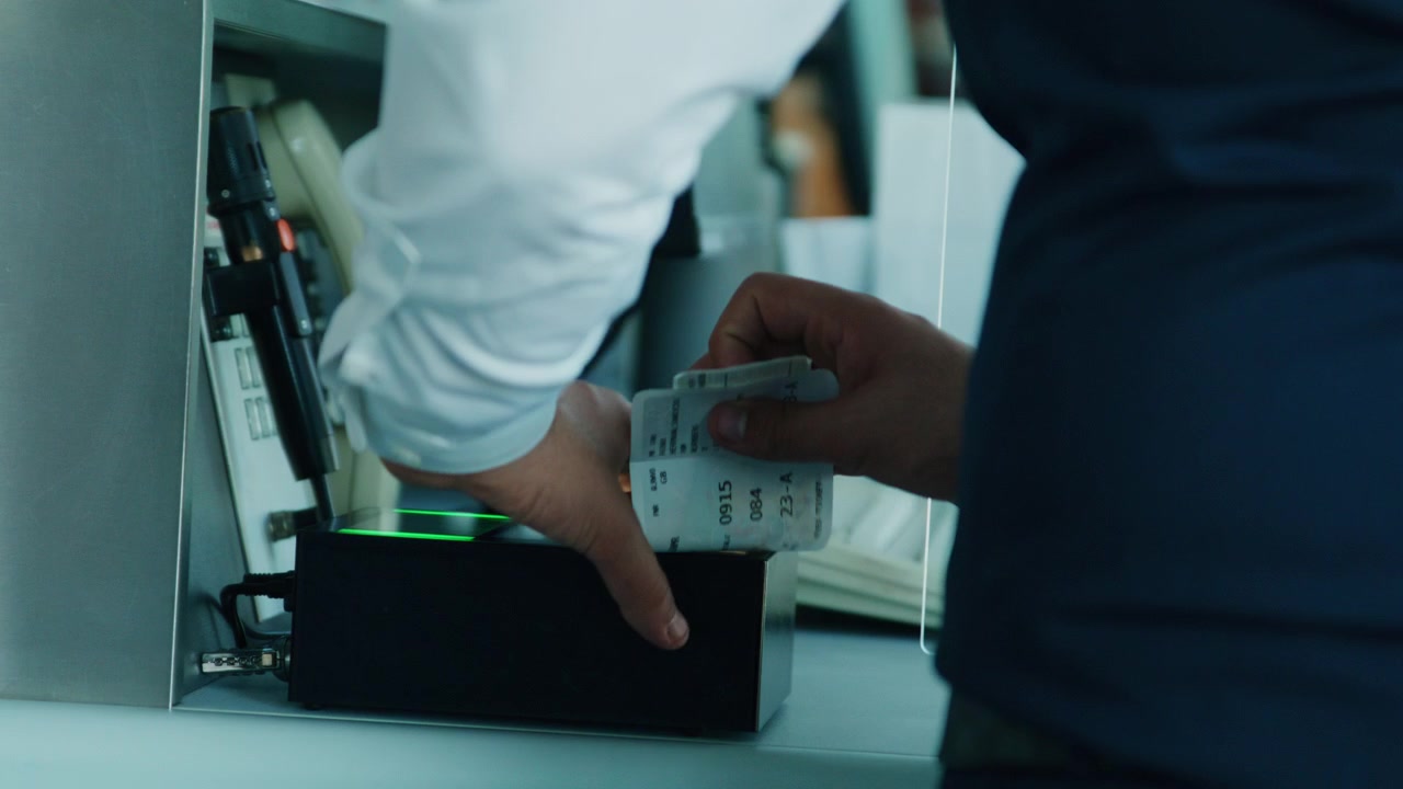 Boarding travel identification check, passenger documentation, close-up