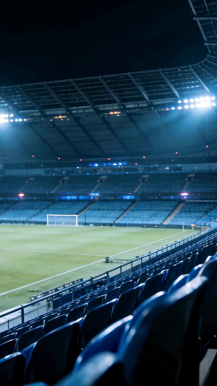 Video verticale: Telecamera scorrevole che mostra sedili blu in uno stadio vuoto, luci della porta del campo, spazio per il testo.