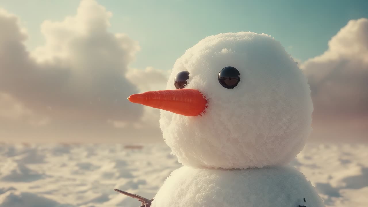 Opening close-up starting camera panning over snowman on snowfield with carrot nose, revealing body