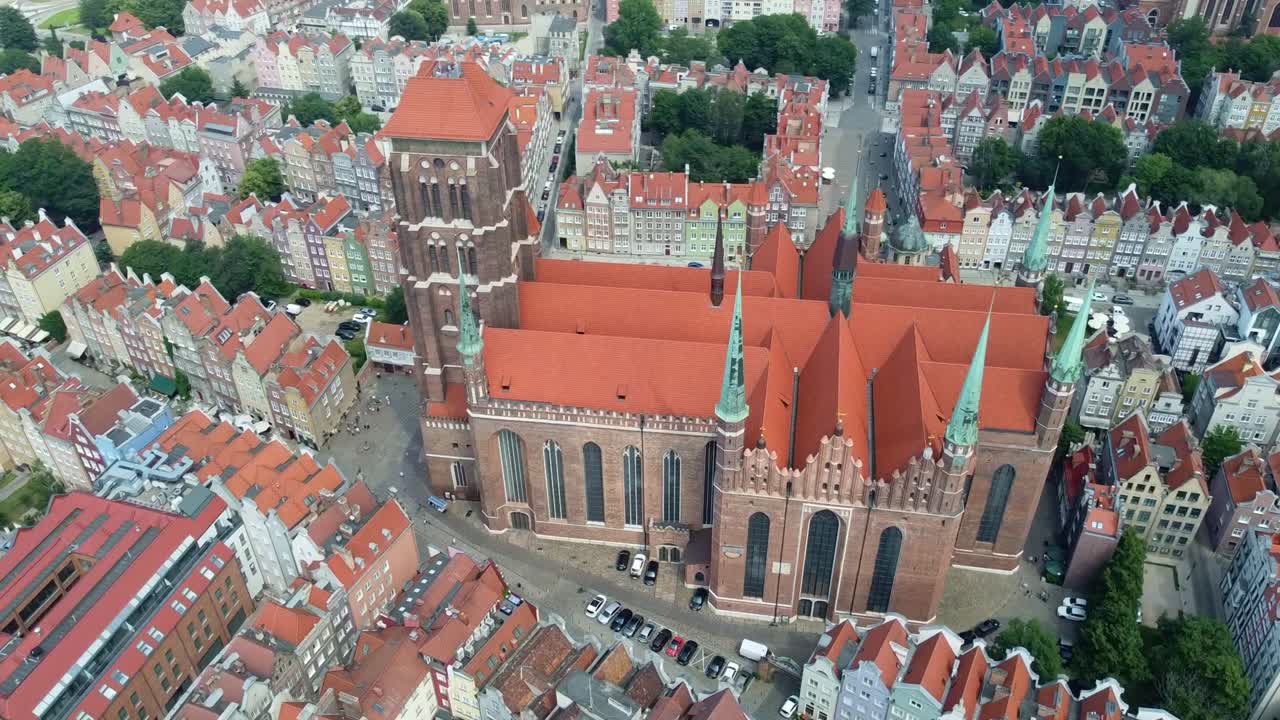 Majestic Architecture Of St. Mary's Roman Catholic Church In Central Gdańsk, Poland. Aerial Drone Shot