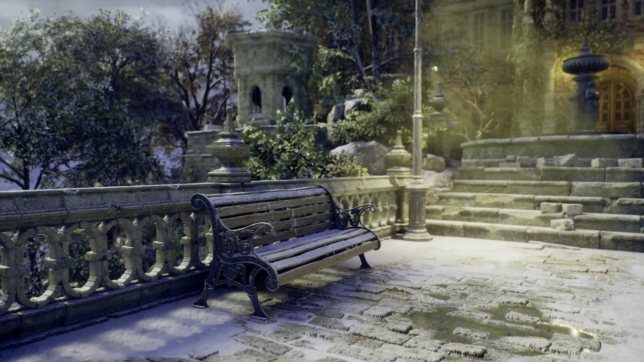 Snow covered park bench in a serene winter scene near a grand mansion