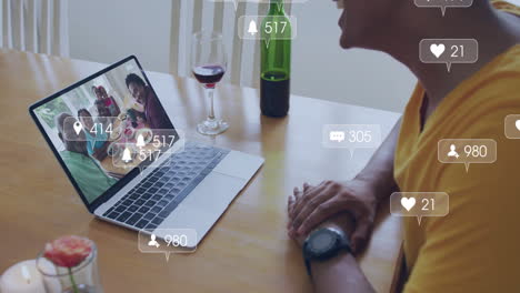 Social-media-notifications-animation-over-person-video-chatting-on-laptop-with-wine