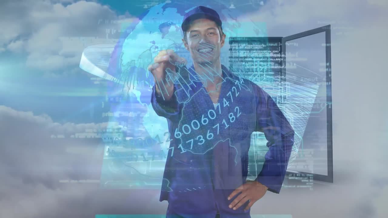 지구의 애니메이션, 카우카스 자동차 메카닉을 통해 데이터 처리가 구름에 대한 키를 보여줍니다.