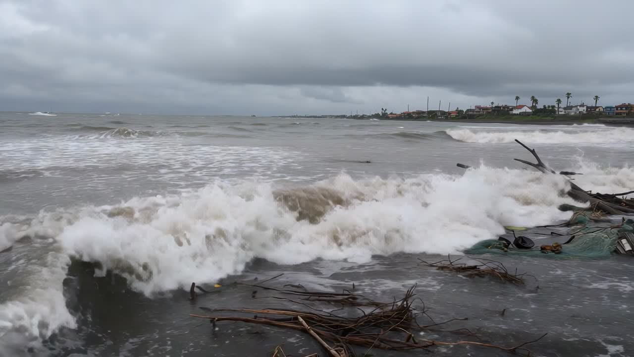 Gusting wind waves crashing shoreline, submerging driftwood tree branches wooden planks in sea foam