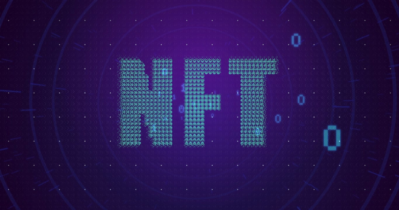 Central particle burst pulling points, forming turquoise NFT letters to show digital token