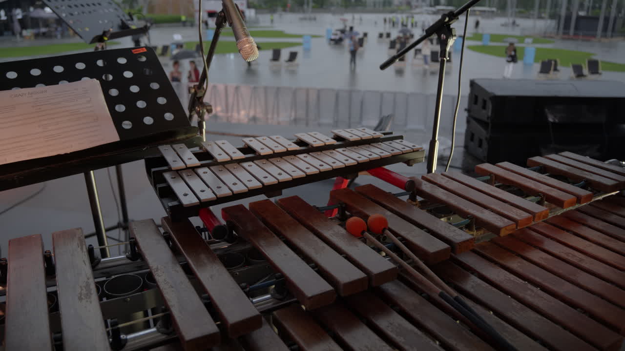 Vibraphone and other Percussion Instruments at an Outdoor Concert in the Rain