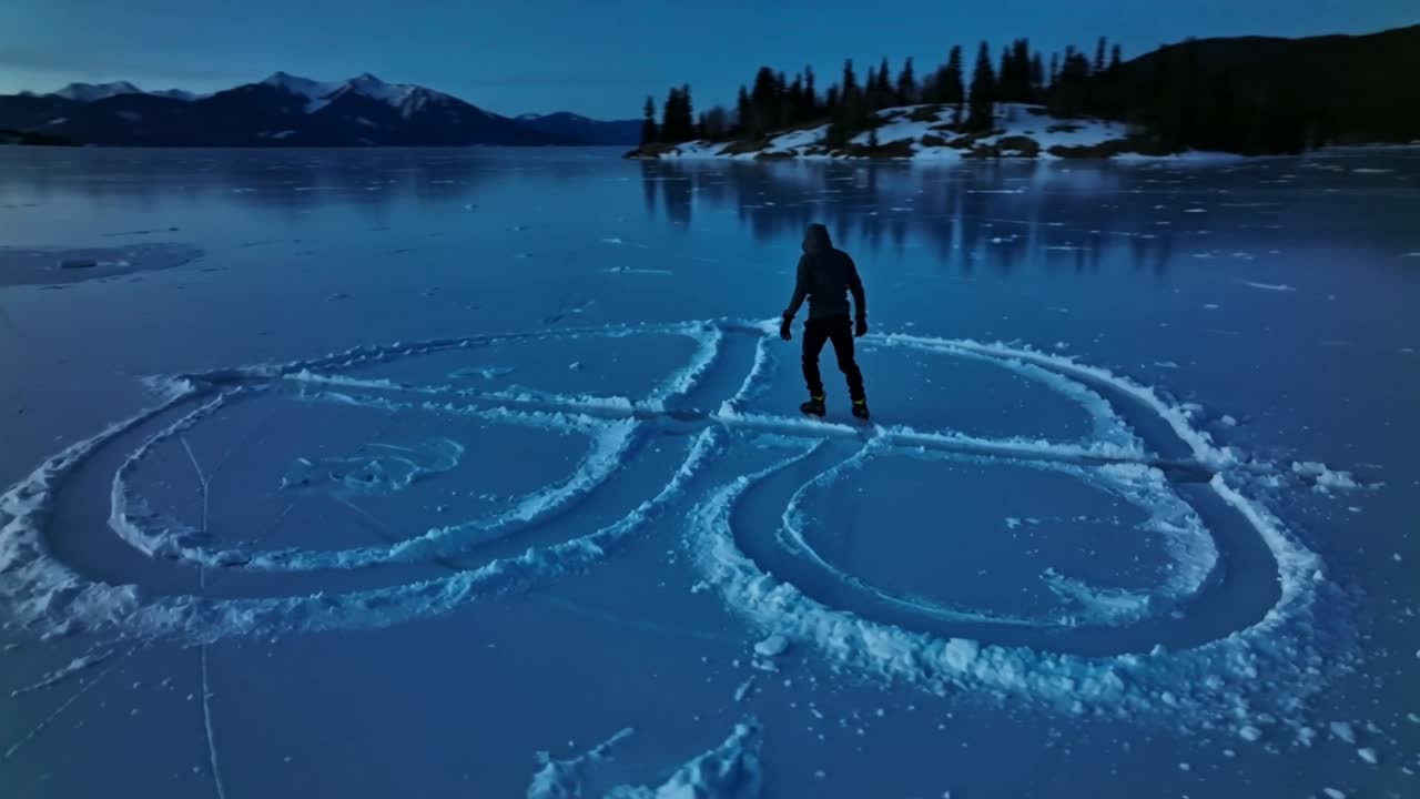 Starting man with jacket and skates cutting loops on frozen lake, forming figure8 and inspecting
