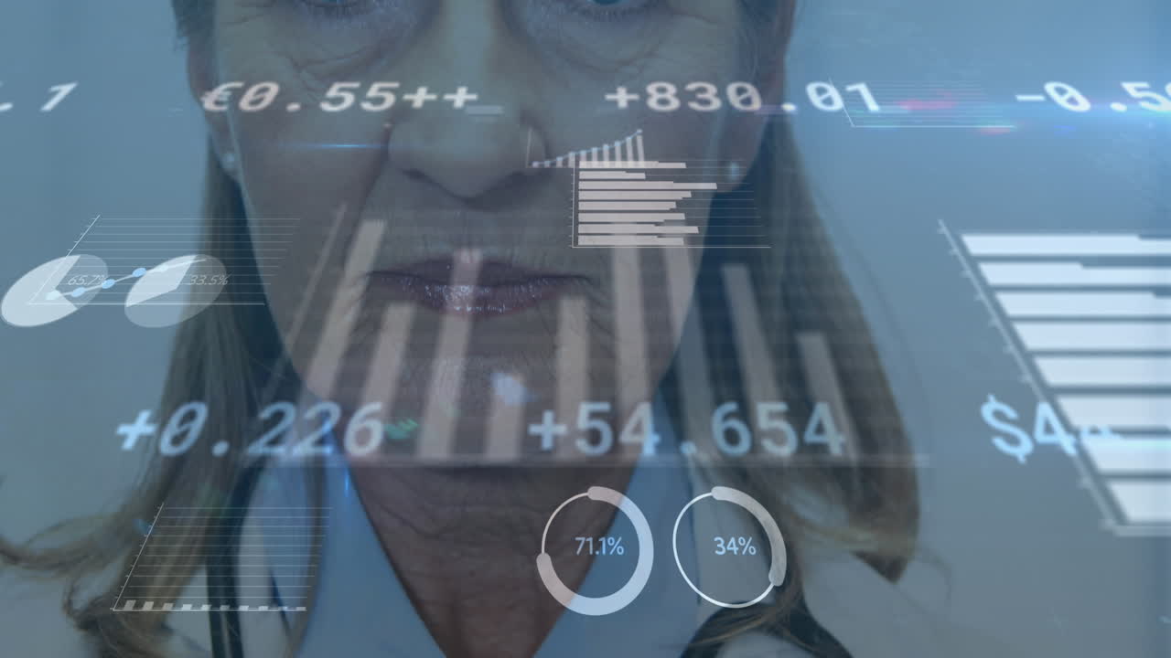 animación del procesamiento de datos y las estadísticas sobre la mujer médico con estetoscopio