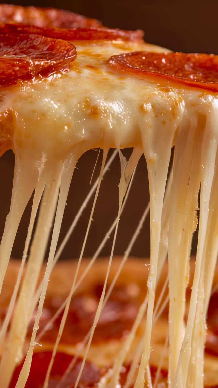 Vertikal video: Stigende pepperoni-pizzabiter opp, trekker lange mozzarellastrenger på studiobordplate