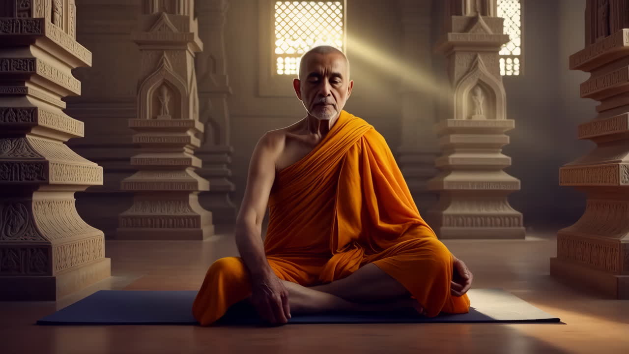 Monk Meditating in a Temple with Sunlight