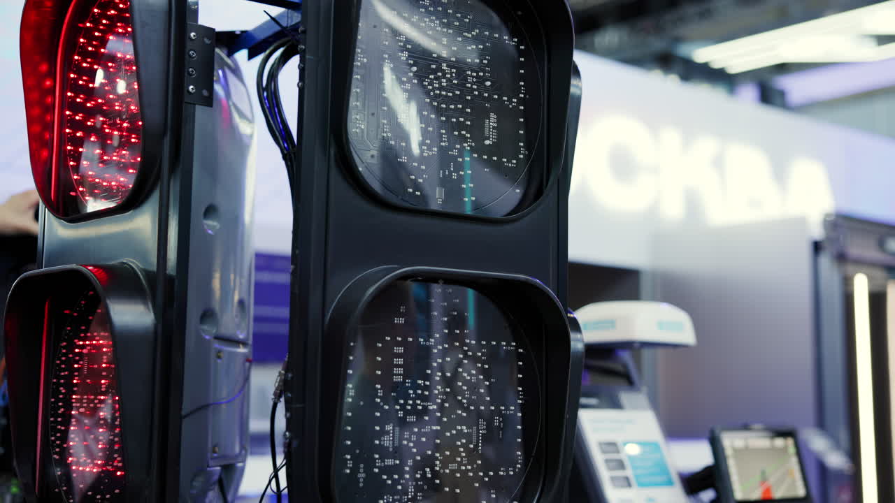 Modern LED Traffic Light Technology Display at an Exhibition