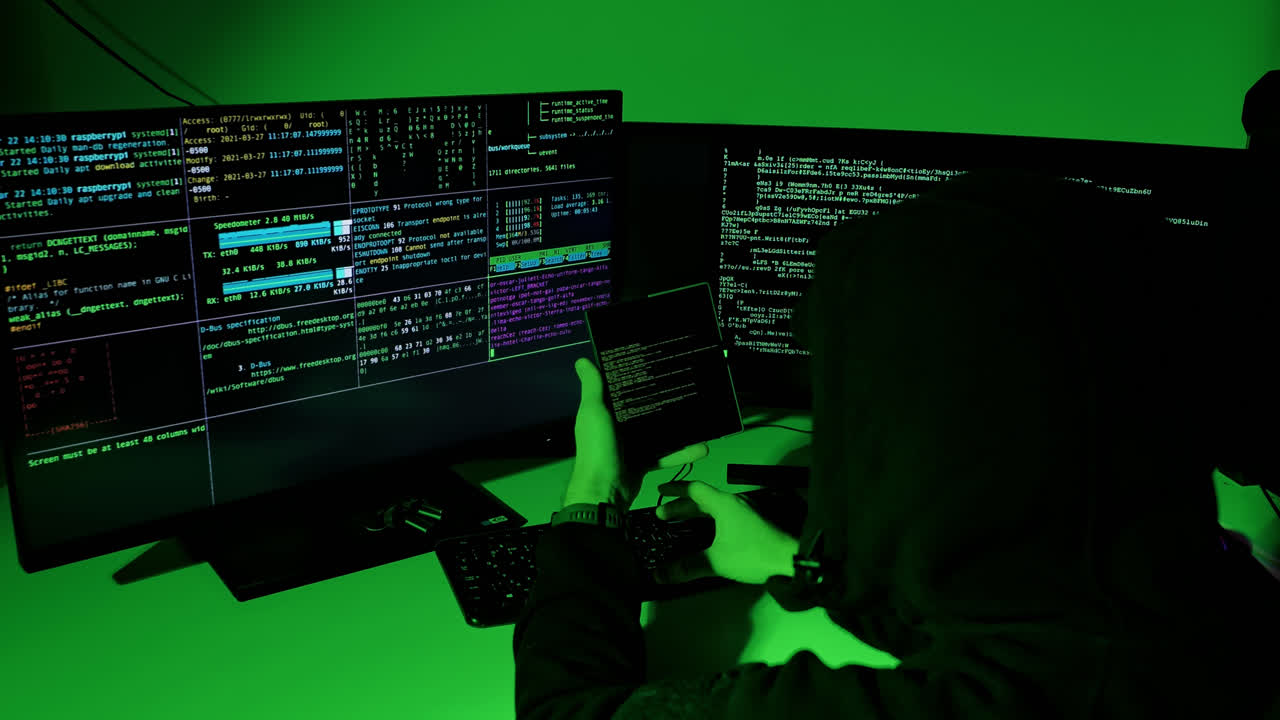 Foldable phone in hacker’s hands showing code transferred to main terminal