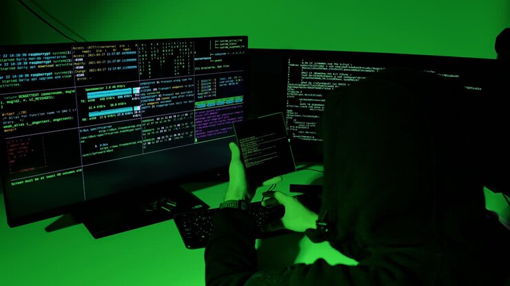 Telefono pieghevole nelle mani di un hacker che mostra il codice trasferito al terminale principale