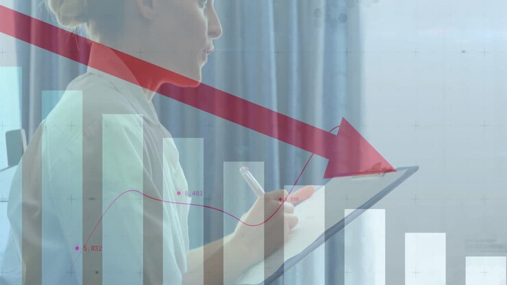 Red downward arrow and bar chart animation over businesswoman holding clipboard