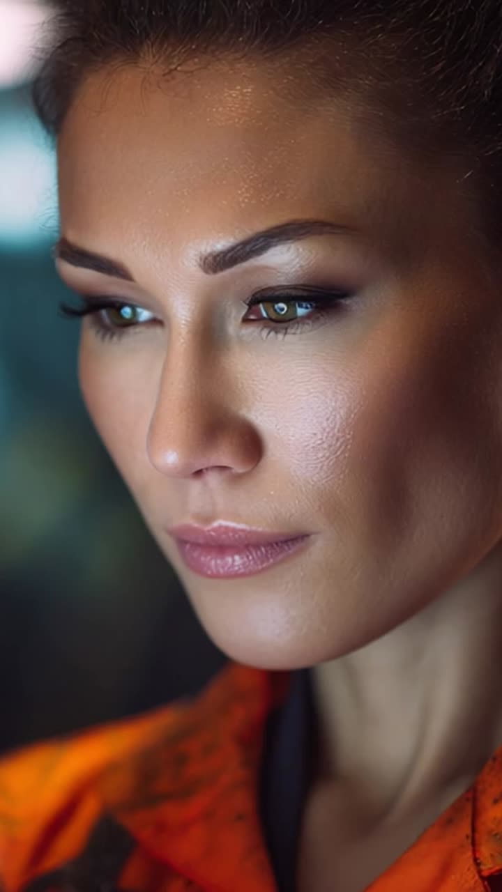 Close-Up Capturing the Intensity and Focus of a Woman with Striking Features and Glossy Skin in a Vivid Orange Outfit, Exuding Confidence and Determination