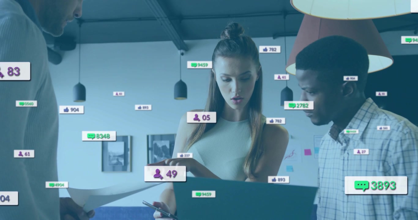 Central woman scrolling phone and pointing at laptop, causing analytics badges tracking likes count